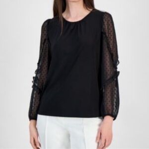 LOFT Black Blouse with Sheer Polka Dot Sleeves